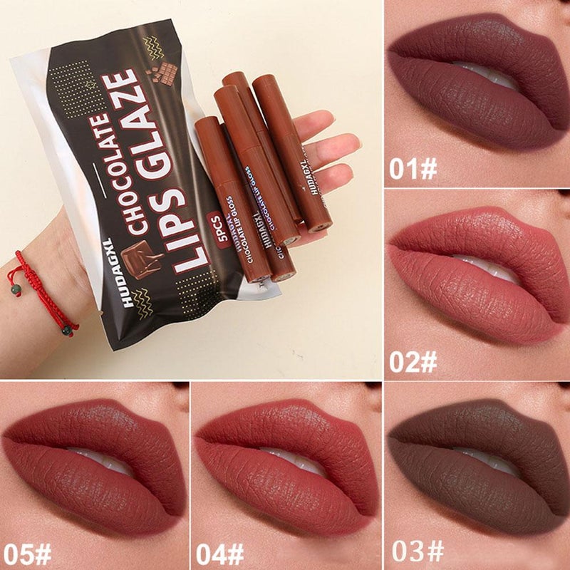 Cosmetic Chocolate Lip Gloss Set, Matte Non-Slip Chocolate Lip Gloss (5-piece set)